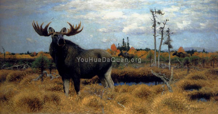 Elks In A Marsh Landscape - 弗里德里克·威廉·库纳特
